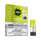 A product image showing a pack of three POP Hybrid vape pods with Blueberry Kiwi Ice flavor, along with a single pod displayed in front of the packaging.
